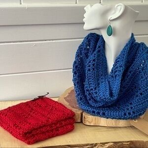 $49 SALE Handmade Cowl Scarf Crochet Knit Red Blue OS Extra Soft Unisex Gift